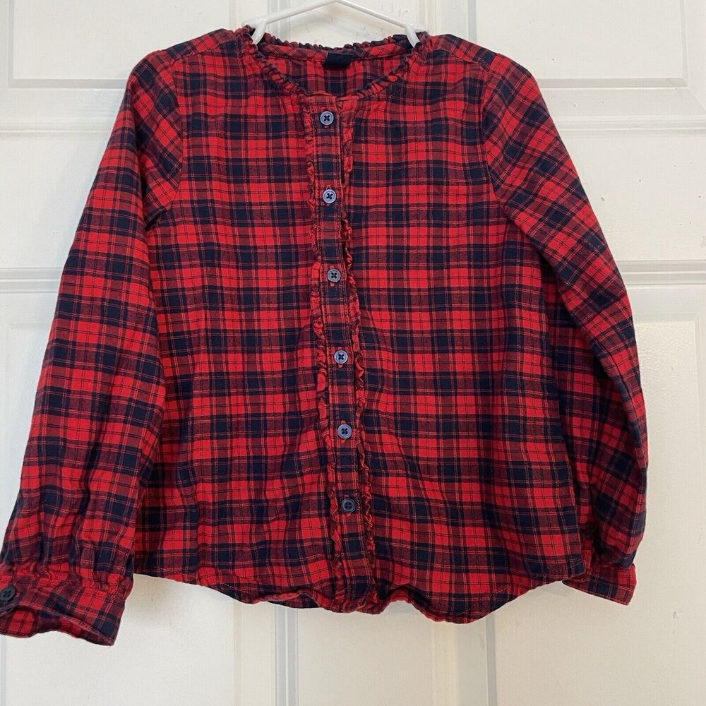 Baby Gap Red Plaid Button Down Ruffle Shirt Size 5/5T Navy Cotton Holiday Kids